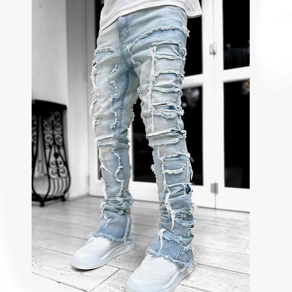 Unleashed Streetwear Other - Light Blue Jean Stacked Jeans Men Skinny Ripped Slim Fit Denim Pants Emo Hip Hop